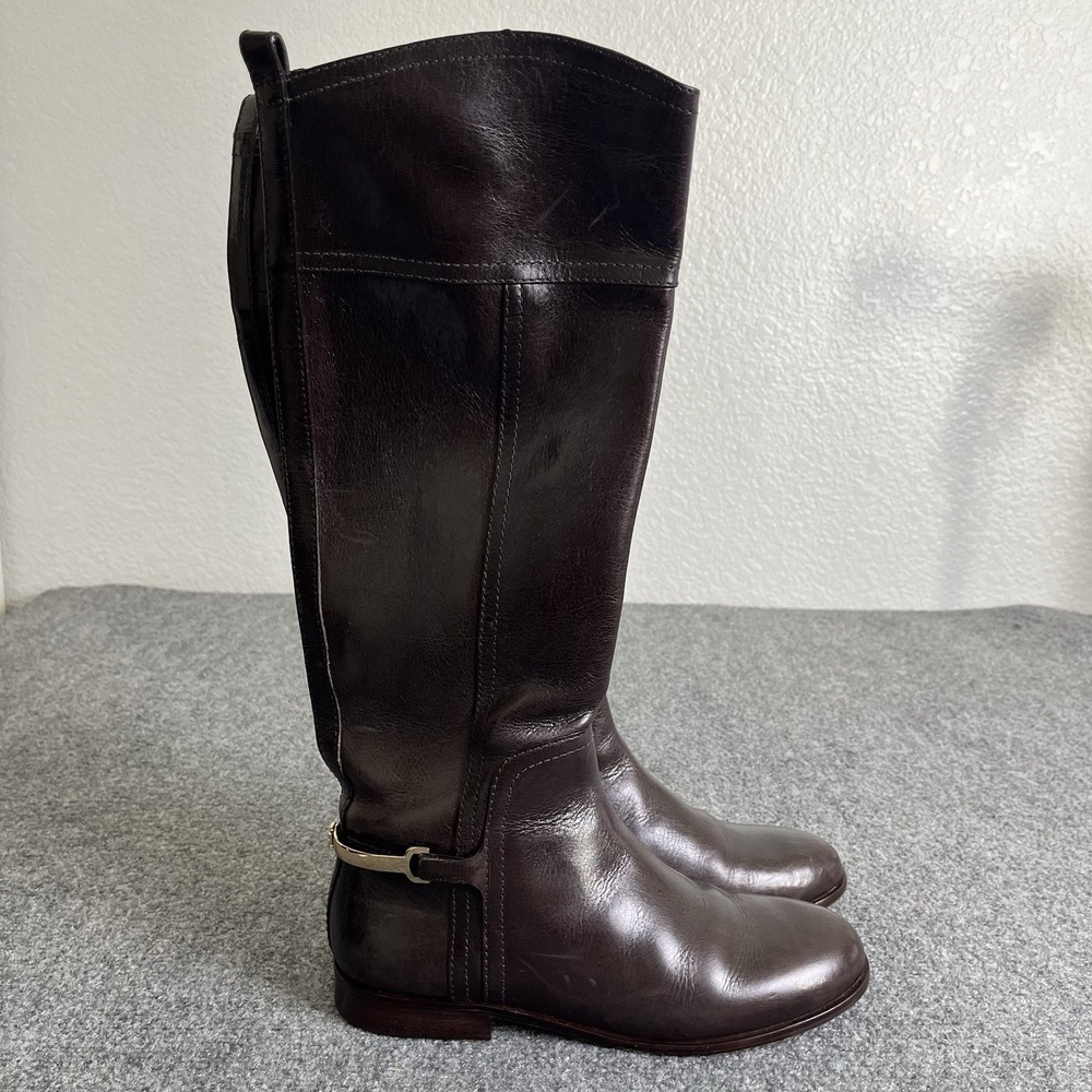 Tory Burch Size 7.5 Jess Dark Brown Leather Riding Boots Logo Spur S/N 32128355